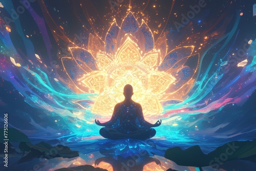 A meditating figure surrounded by glowing chakras, seated on an elegant lotus flower with radiating energy waves emanating from the center