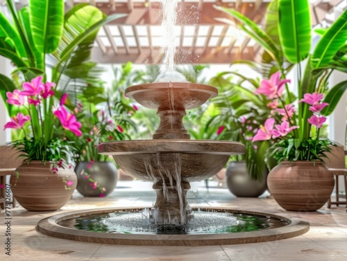 A vibrant tropical garden featuring a classic fountain surrounded by lush plants, signifying a luxurious and exotic atmosphere, perfect for outdoor or garden design themes.