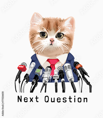 next question slogan with cute kitten with press conference microphones hand drawn vector illustration
