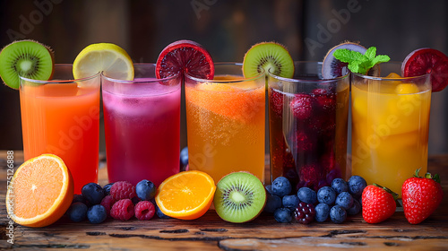 Variety of fresh fruit juices in glasses on wooden table, selective focus
