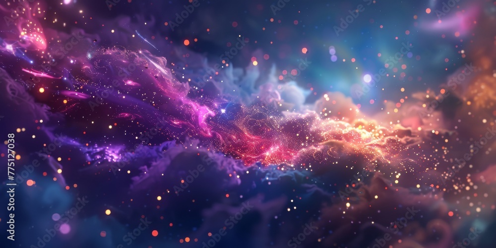 A mysterious 3D world where fairies illuminate a dark galaxy with their magic, creating vibrant colors against the cosmic backdrop A mysterious 3D world where fairies illuminate a dark galaxy with their magic, creating vibrant colors against the cosmic backdrop