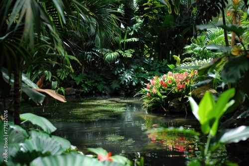 A serene pond surrounded by lush, verdant foliage