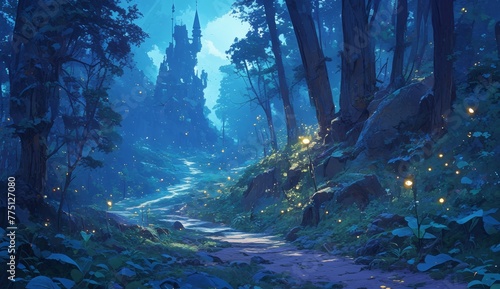 a path leading through dark woods  glowing fireflies on the sides of it  fantasy illustration 