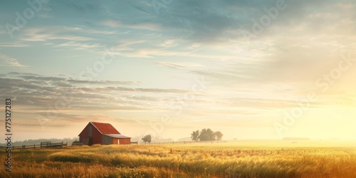 A quiet summer morning on a farm, providing a peaceful rural backdrop with a clear horizon for ample copy space photo