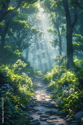 A serene forest landscape with sunlight filtering through the trees, 2D surreal fantasy