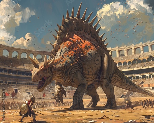 A Stegosaurus gladiator in the Colosseum, facing off against fierce opponents with its spiked tail as a weapon