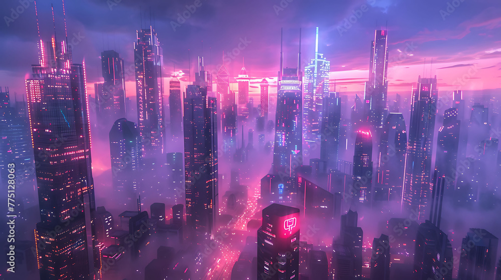 A futuristic metropolis skyline ablaze with neon lights and dazzling skyscrapers