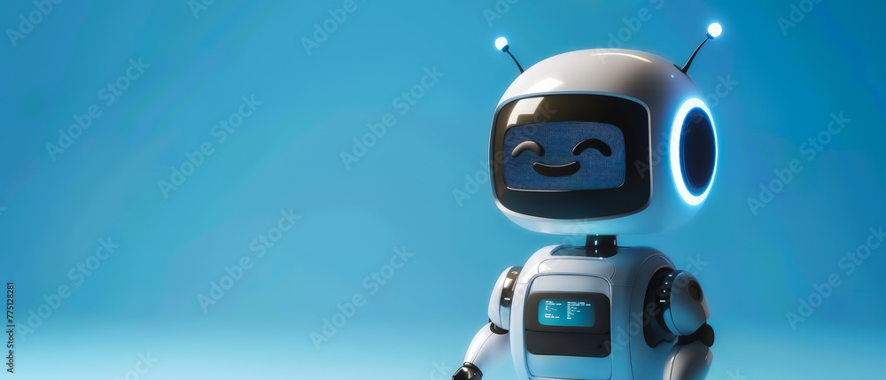 Naklejka premium Adorable 3D robot as a receptionist, greeting visitors with a bright screen smile and helpful information