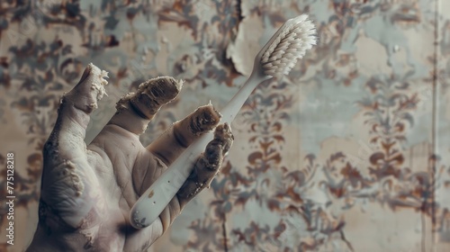 A zombie's hand holding a decayed toothbrush, bristles falling out, against a backdrop of tattered wallpaper