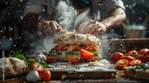 Man building a sandwich with ingredients on wooden cutting board photo