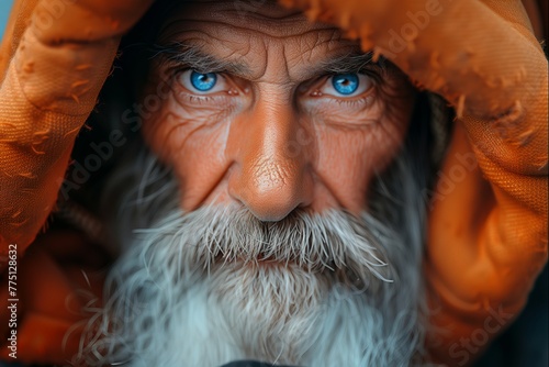 Blue-eyed senior with a bushy white beard peers out, weathered face wrapped in orange fabric, eyes sharp with intensity and a hint of mystery. beard snowy against weather-beaten skin, photo