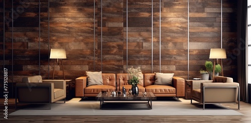 Luxurious design of a living room with a leather sofa in an environment decorated in brown and ocher tones with wood on the walls. photo