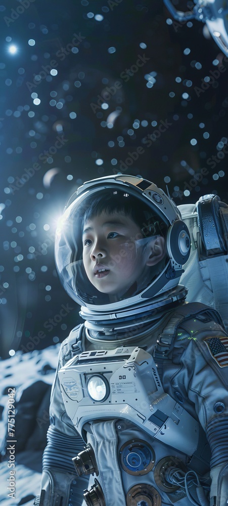 Asian boy in a spacesuit on the moon, short round haircut, surrounded by a high-tech, starry environment, movie-grade visuals Asian boy in a spacesuit on the moon, short round haircut, surrounded by a high-tech, starry environment, movie-grade visuals