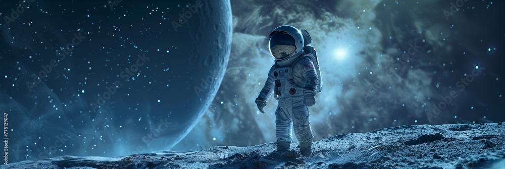 Asian child astronaut standing boldly on the moon, vivid galaxy backdrop, high-definition suit details, film-like effects - obrazy, fototapety, plakaty 