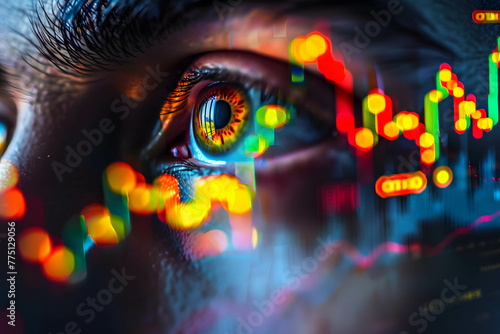 Closeup of eye man looking stock chart focus on investing and trading, programmer or investor use data and AI technology to help with work