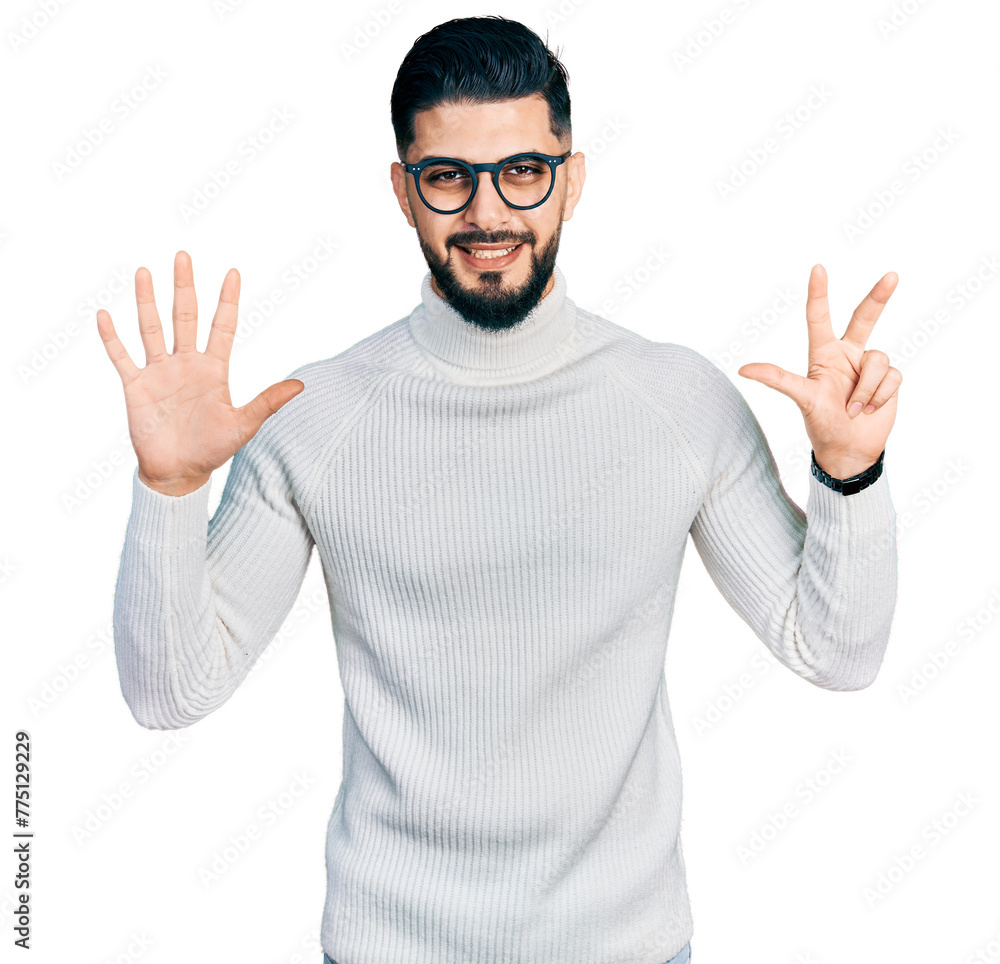 Young arab man with beard wearing elegant turtleneck sweater and glasses showing and pointing up with fingers number eight while smiling confident and happy. Young arab man with beard wearing elegant turtleneck sweater and glasses showing and pointing up with fingers number eight while smiling confident and happy.