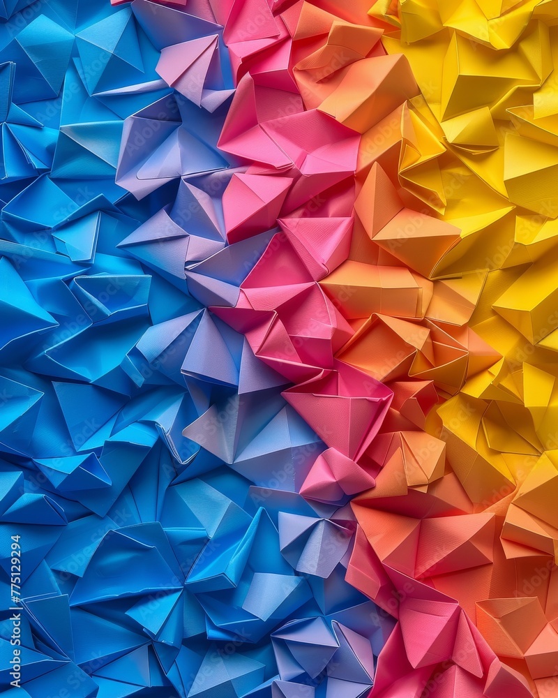 Obraz premium Close-up of a 3D origami paper texture, with intricate folds and bright colors, perfect for a unique and cute advertising background