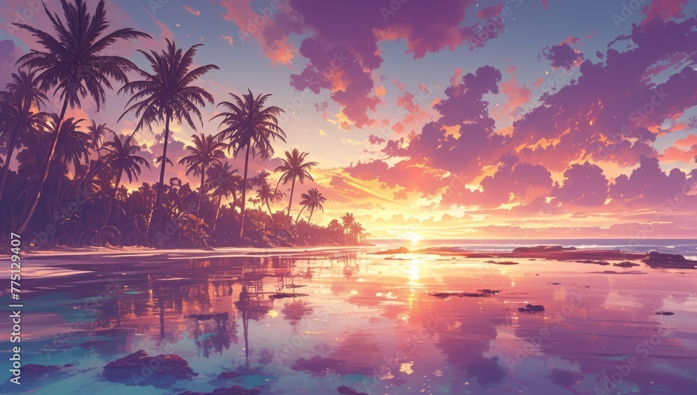 A vibrant sunset over the palm trees on an exotic beach, casting warm hues across the sky and reflecting in crystal clear waters.