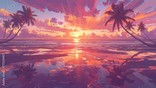 A vibrant sunset over the palm trees on an exotic beach, with a colorful sky and reflections in the water
