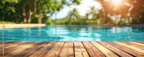 Abstract background with a wooden table top and a blurred swimming pool in the summer garden. A colorful wood floor for product display, a tropical beach, vacation concept. photo
