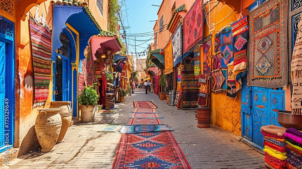 lively market street in Morocco, vibrant colors and rich scents filling the air, a cultural tapestry alive with energy