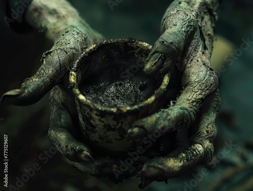 Close-up of a moldy coffee cup clutched by a zombie's gnarled fingers, with dark, stagnant liquid photo