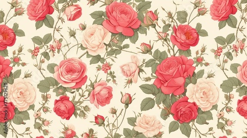 A vintage floral pattern featuring large, bold roses in shades of red and pink on an off-white background. 