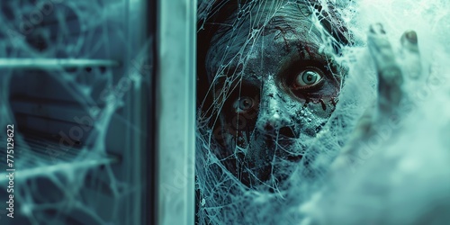 Close-up of a zombie's face peering into an empty, spider-webbed fridge, searching for food