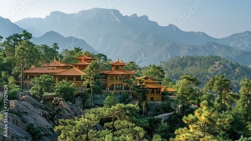 serene Buddhist monastery nestled in the mountains, a haven of peace and spiritual renewal