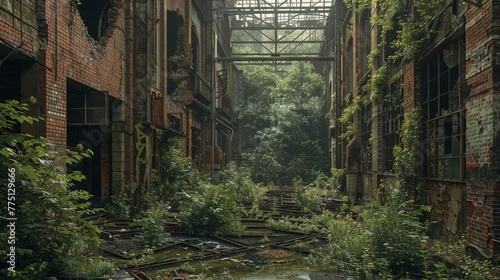 abandoned industrial complex reclaimed by nature  a haunting beauty in the contrast of decay and growth  a scene of postapocalyptic serenity