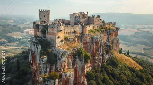 majestic castle perched atop a rugged cliff, overlooking a vast and wild landscape, a testament to medieval fortitude and elegance photo