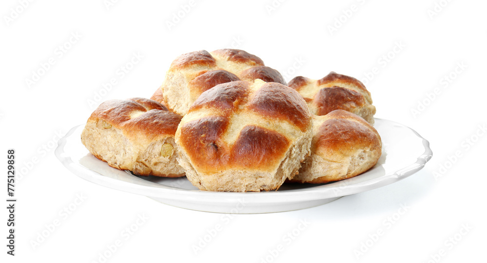 Tasty hot cross buns isolated on white
