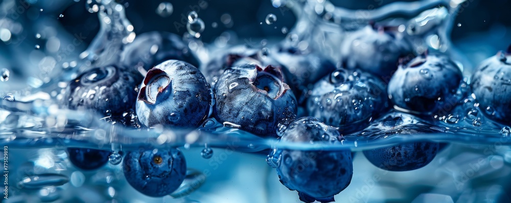 Cut blueberries in a dynamic splash, surreal wide-angle view, liquid explosion, focused on the fruit's delicate details, blue setting - obrazy, fototapety, plakaty 