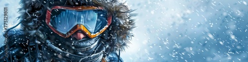 Close-up of an Arctic hiker in fur hood and frosty goggles, braving a blizzard, Ice Age-themed, retro painting style, blues and whites