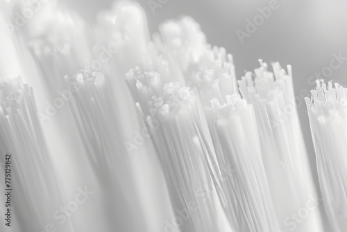 Close-up of white toothbrush bristles, focusing on texture details, soft lighting, clear and detailed view of individual bristles