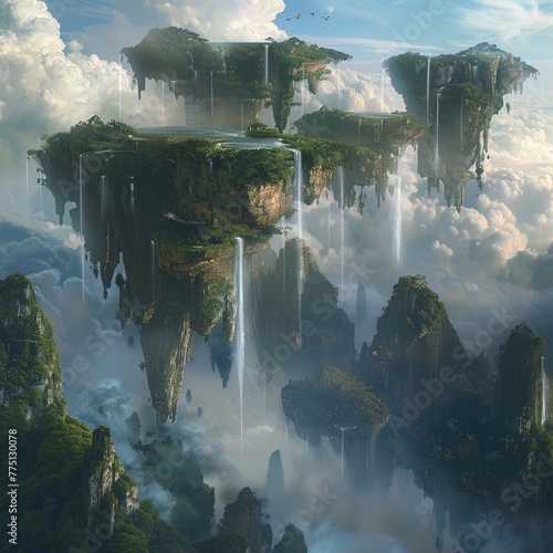 Floating islands with waterfalls cascading into the sky, where gravity is defied and landscapes invert © Shutter2U