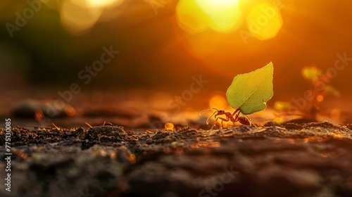 ant carrying a leaf to its nest on a sunset