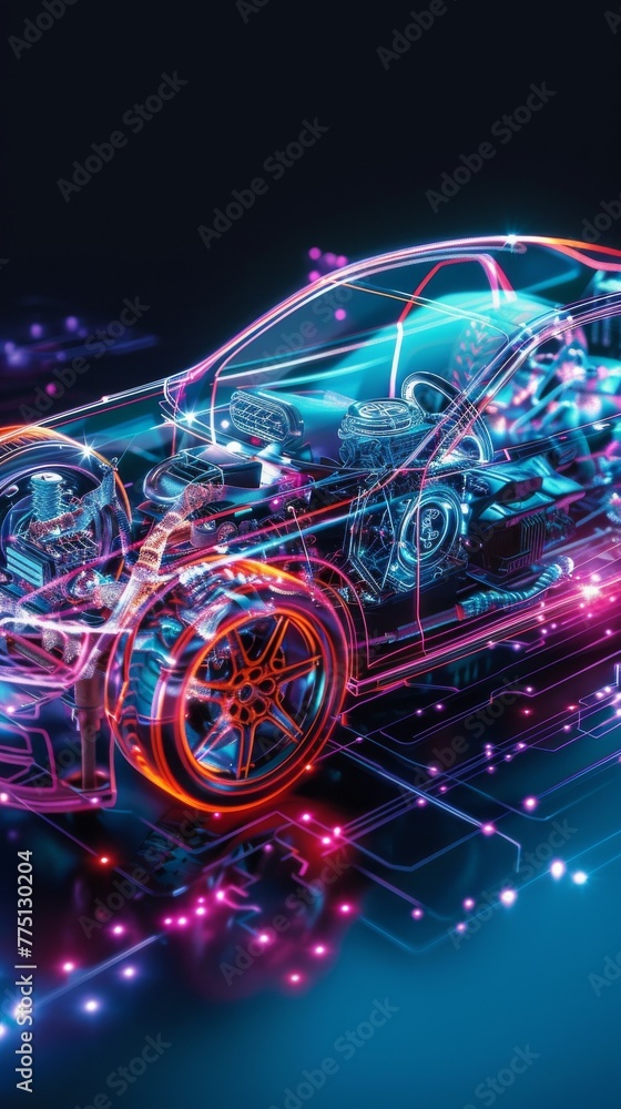 Holographic display of an eco-friendly car's internal mechanics, vibrant colors on a dark studio floor