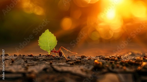 ant carrying a leaf to its nest on a beautiful sunset photo