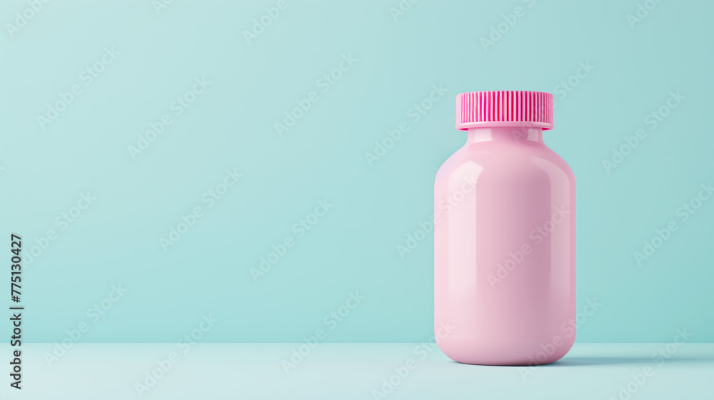 Plastic bottle of vitamins against a pastel blue background. Plastic bottle of vitamins against a pastel blue background.