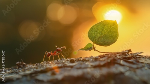 ant carrying a leaf to its nest on a beautiful sunset in high resolution