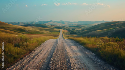 A gravel road cutting through rolling farmland