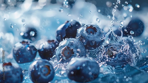 Super wide-angle shot of cut blueberries with a waterfall splash effect, surreal blue backdrop, focused on detailed fruit, high resolution