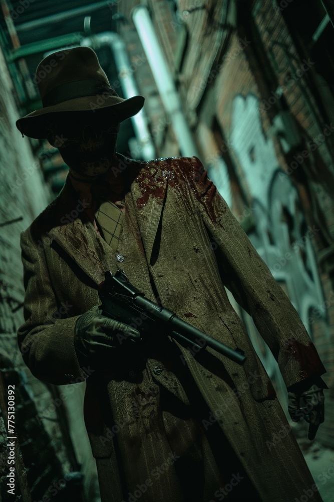 Zombie gangster in a 1920s suit, holding a Tommy gun, standing in a dimly lit alleyway, exuding menace and decay Zombie gangster in a 1920s suit, holding a Tommy gun, standing in a dimly lit alleyway, exuding menace and decay
