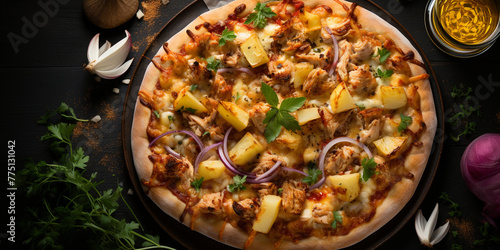 Top view of curry chicken pizza with curry sauce, mozzarella, chicken, red onion, and pineapple, with copy space, dark concrete background Menu concept. Delicious tasty Italian food diet