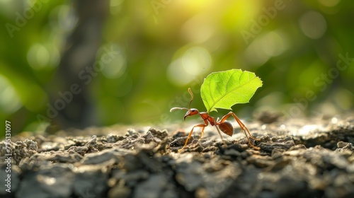 ant carrying a green leaf to its nest in high resolution and high quality