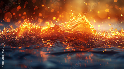Macro view of a splash of liquid in orange and blue rays of light.