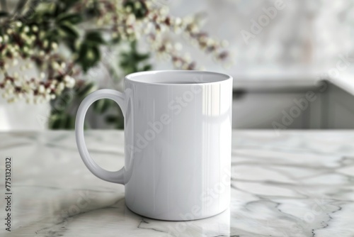 white 11oz ceramic mug on kitchen table with decorations  soft light  stockphoto image 
