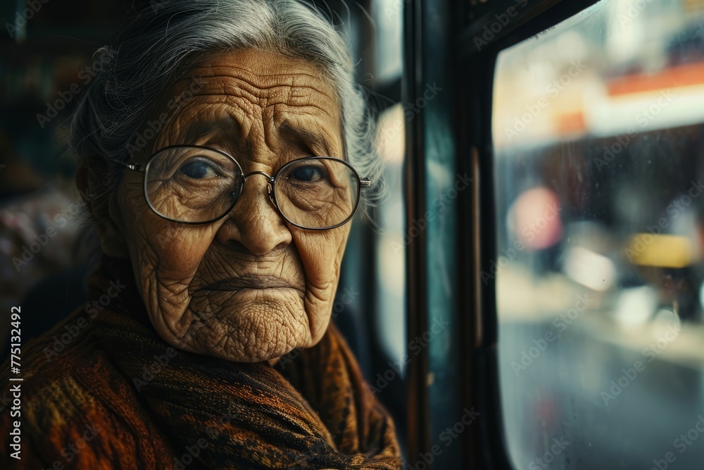 Portrait of an old Asian woman with glasses in a bus.