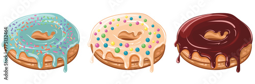 Delicious fresh donut with glossy white glaze and decorated with colorful sprinkles. Vector isolated image. Delicious sweet pastries. Donut advertisement © Natali